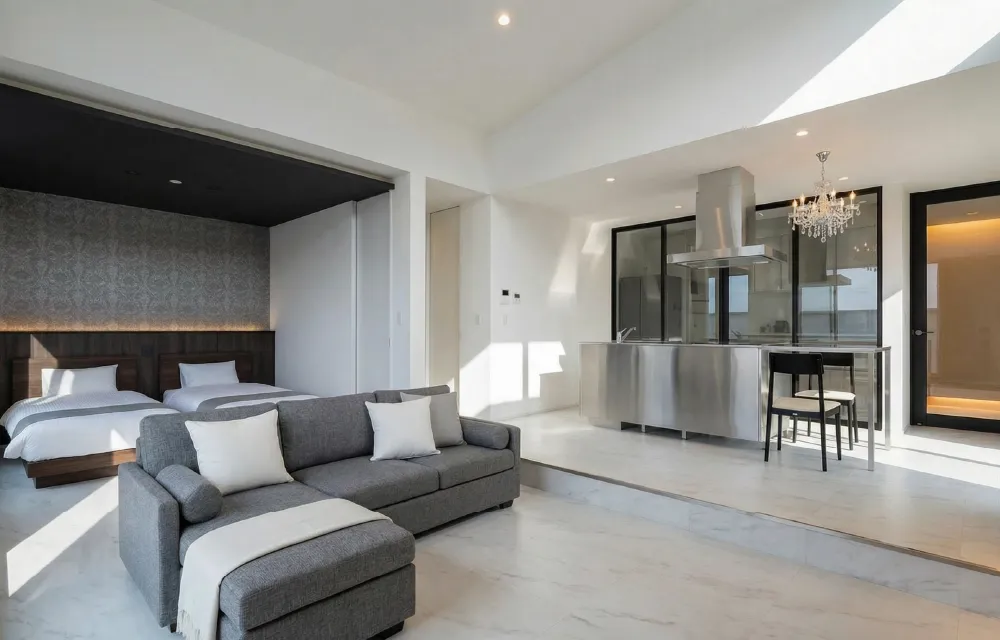 キッチン中心の一体型LDK、平屋だからこそ実現できる開放感