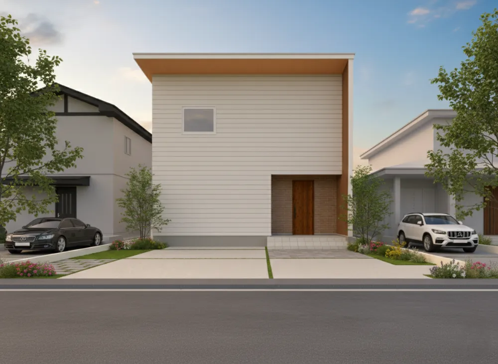 白ガルバ×木目の洗練された外観